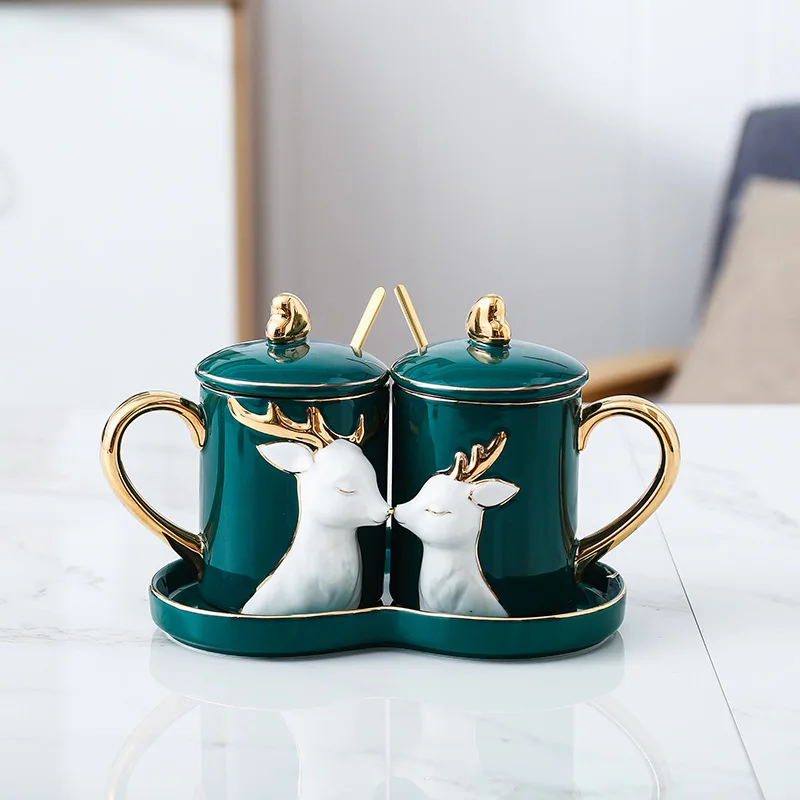 Set of 2 Nordic Mug Couple Pair Cup Creative Spoon with Lid Ceramic Love Cup Tray Lid Valentine Day Wedding Gift Box Milk Mugs