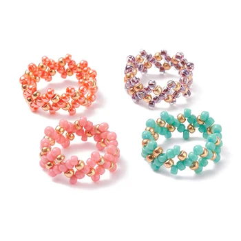 PandaHall 4 Pcs 4 Colors Glass Seed Beads Braided Finger Rings
