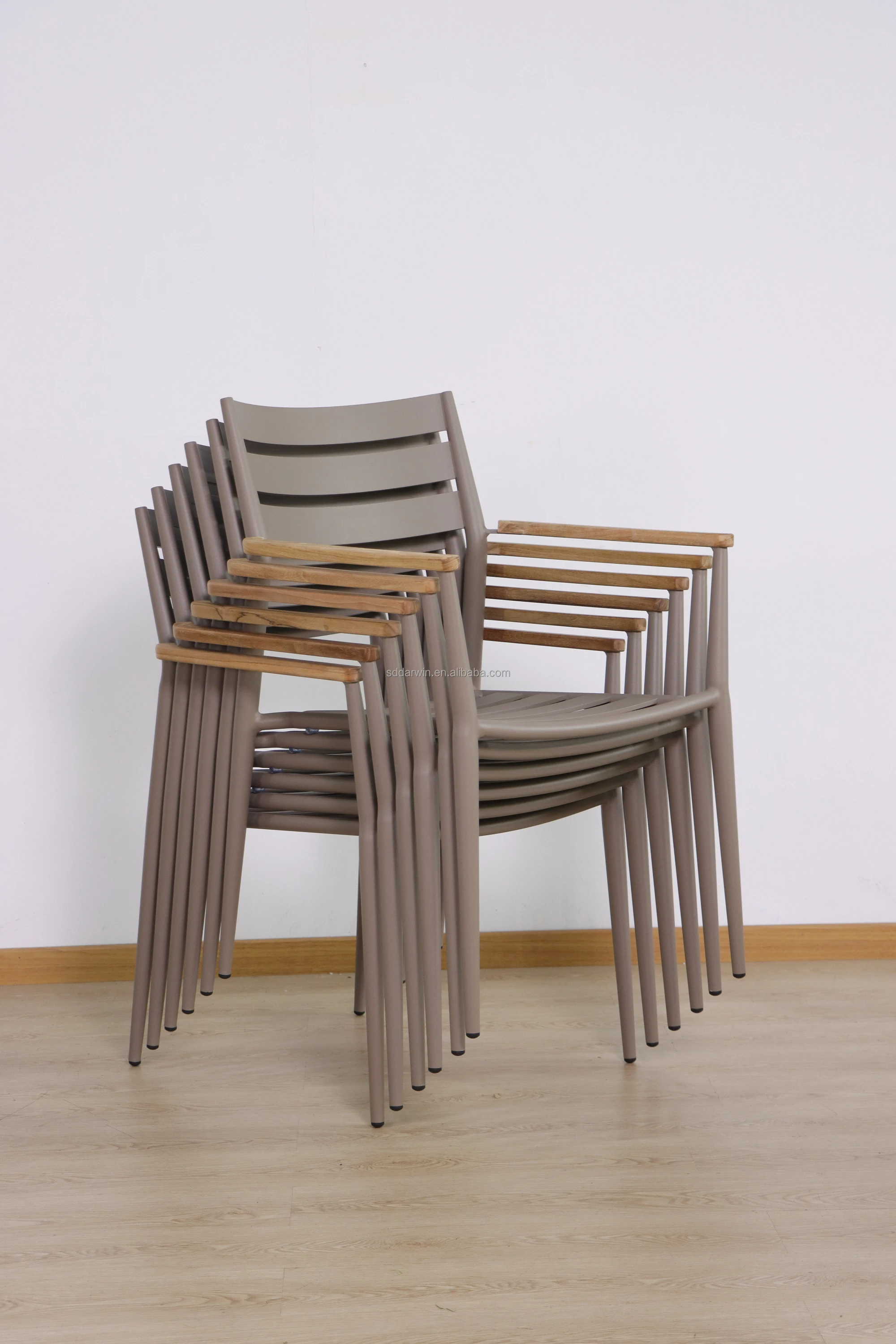 Modern Garden Dining Chairs With Teak Wood Armrest Aluminum Stackable