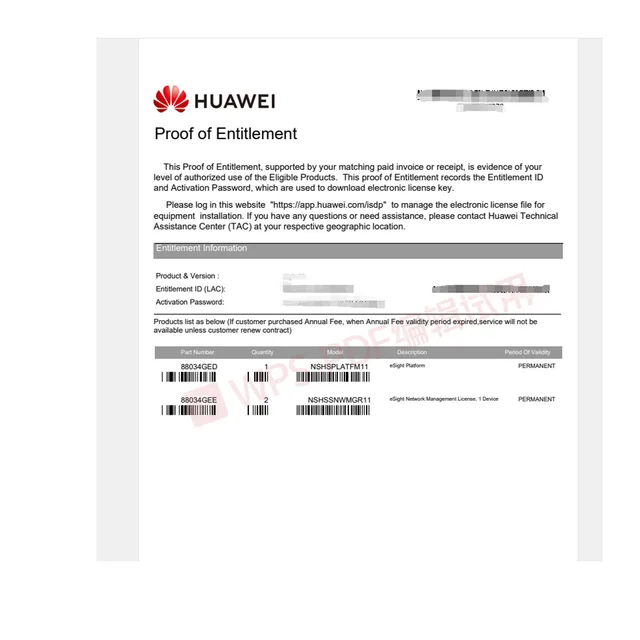 Hua Wei 88034GEF NSHSWLAMGR11 NSHSPLATFM11 88034GED 88034GEJ NSHSIVSMGR11 ESight Video Surveillance WLAN Management License