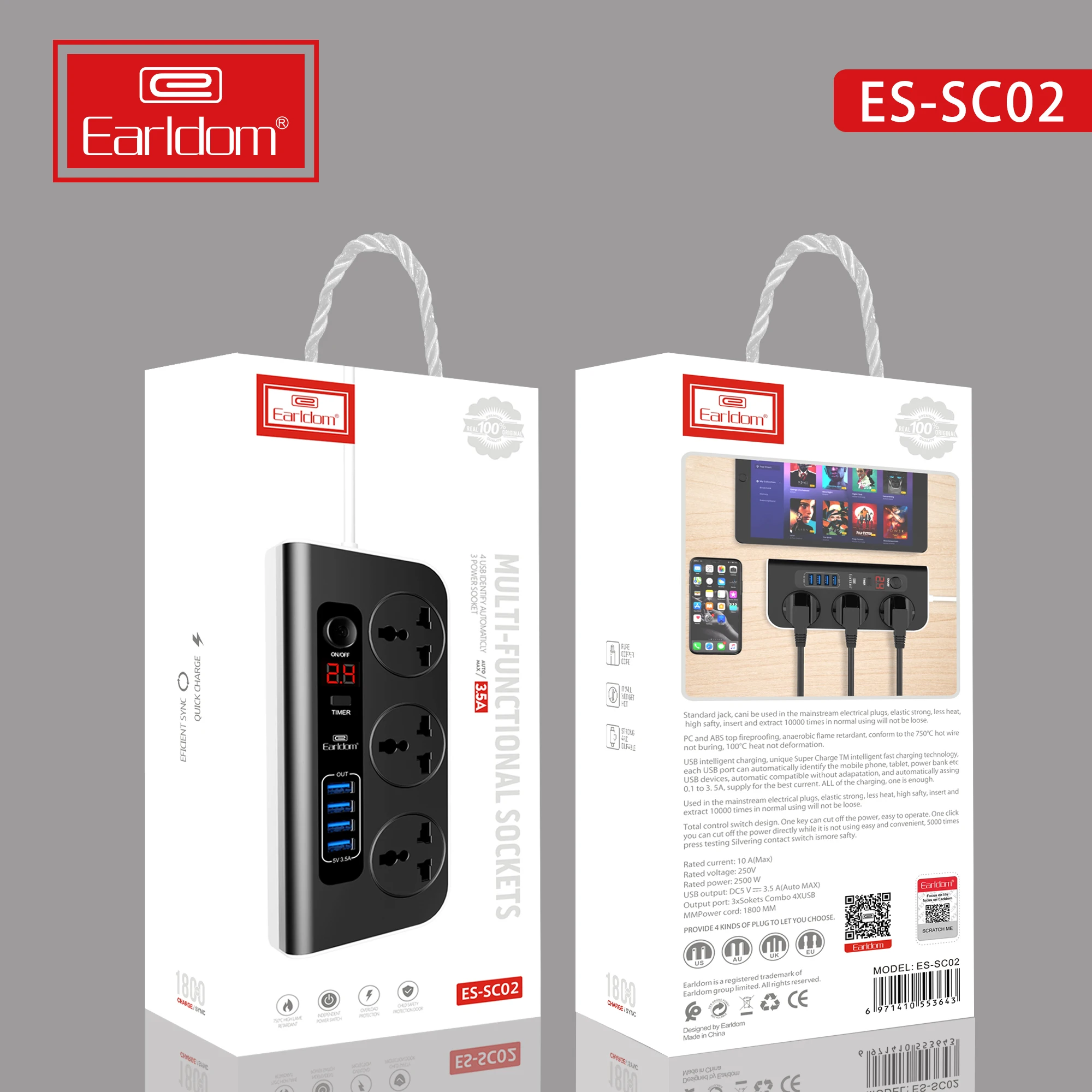 Earldom SC02 Digital Multifunctional Power Sockets with 4 USB ports 4