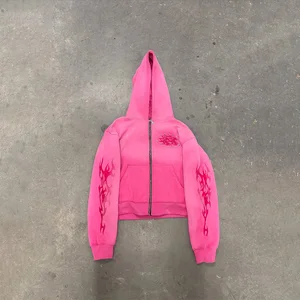 Roregal Unisex Gothic Streetwear Contrast Stripe Print Rhinestone Embellishments Zip-Up Hoodie