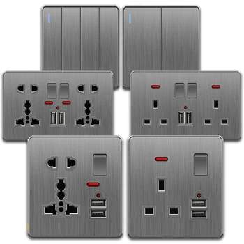 Brushed grey modern universal switches and sockets, PC UK 13A wall light switches, electrical kitchen wall sockets 86