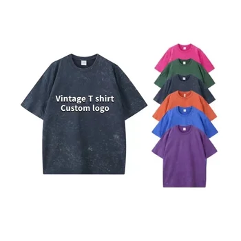 Men's Acid Wash T Shirt 100% Cotton Oversized Plus Size Graphic t shirts Custom Logo Streetwear Distressed T Shirt For Men