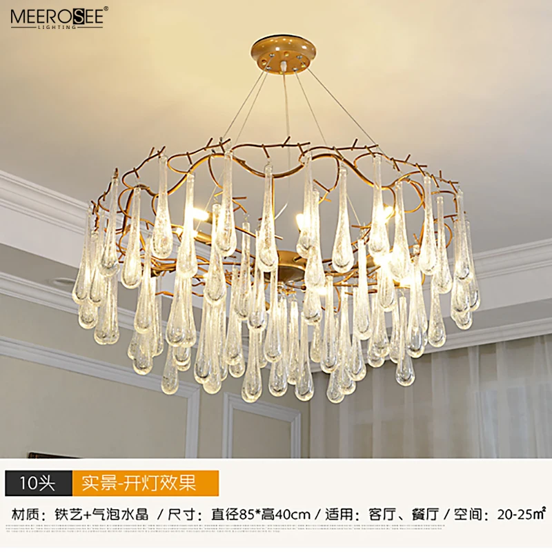 Meerosee Zhongshan Luxury gold pendant light Iron Teardrop Crystal chandelier for Hotel Villa MD86757