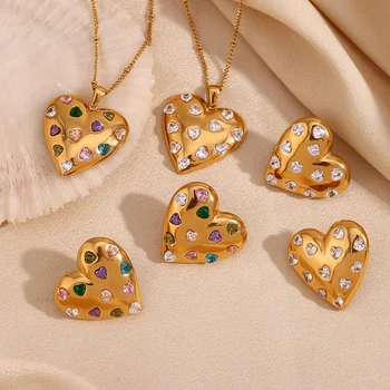 Colorful Zircon Jewelry Set Chunky Heart Pendant Necklace 18k Gold Plated Stainless Steel Necklace And Earring