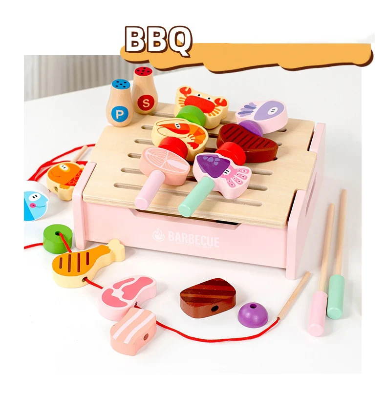 Kids Wooden Kitchen Set Game Popular Cooking Toy Barbecue Set Wooden Barbecue Grill Set Simulation Toy