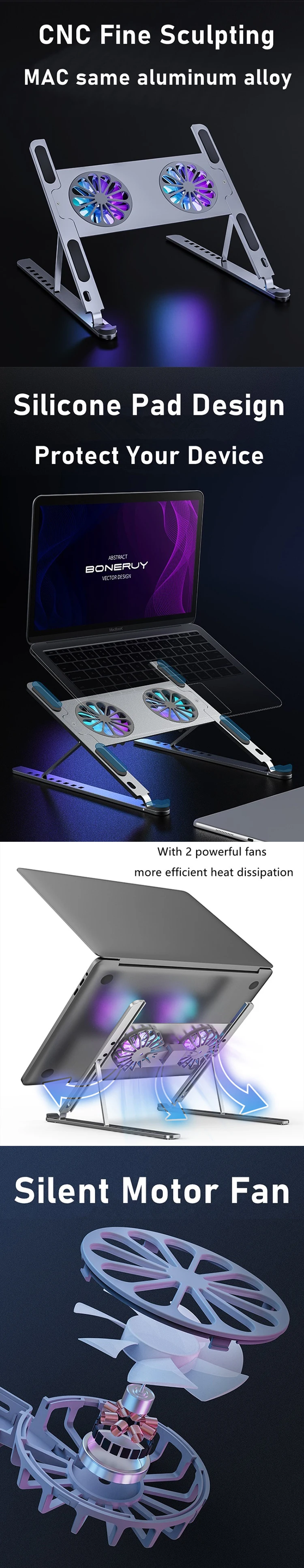 Aluminum Foldable Adjustable Cooler 2 Fans Cooling Desk Notebook Laptop Stand Bracket Holder for Macbook Pro Computer