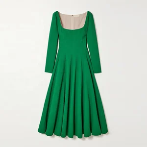 Clothing Manufacturer Custom Spring Autumn square Neck Long Sleeve Elegant Casual Women Green Midi Dress