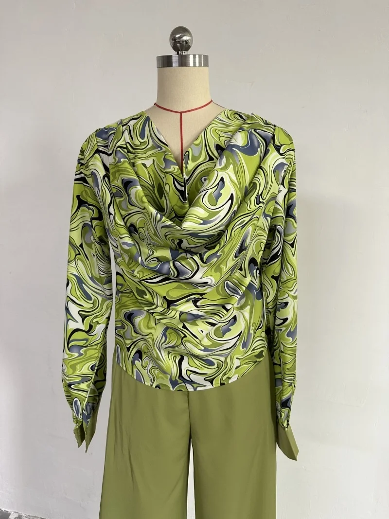 Spot Women's Spring New Printed Lantern Sleeve Shirt Wide Leg Pants Casual Suit