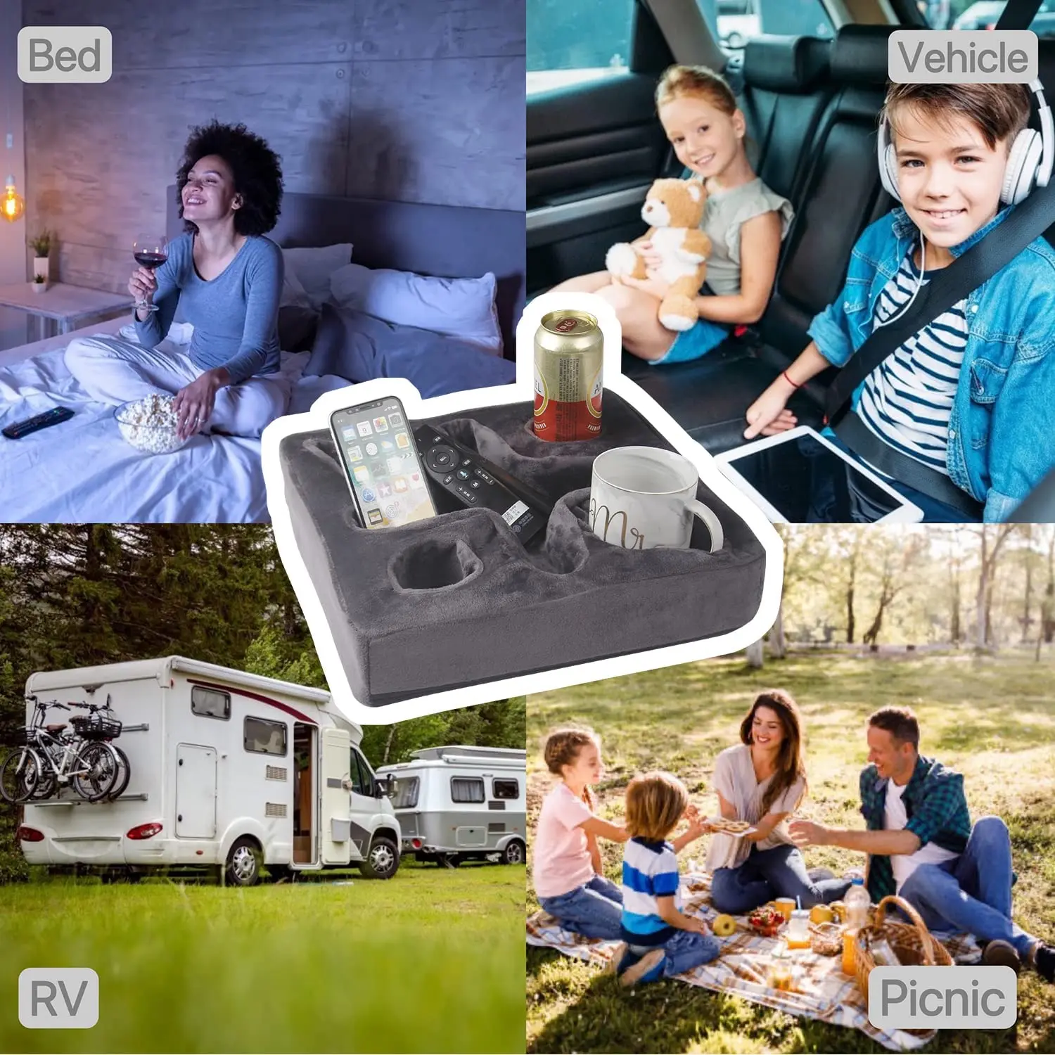 Pt Custom Couch And Bed Cup Holder Pillow Sofa Refreshment Tray For Drinks Remote Control Snacks