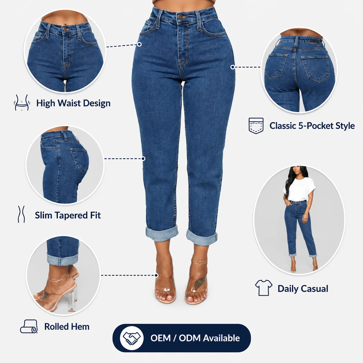 Cross-border New Hot Women's Mid Waist Straight Breathable Loose Cropped Jeans Casual Fashion