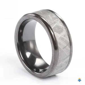 Meteorite Wedding Band Beveled Black Zirconium with Muonionalusta Iron Meteorites Ring