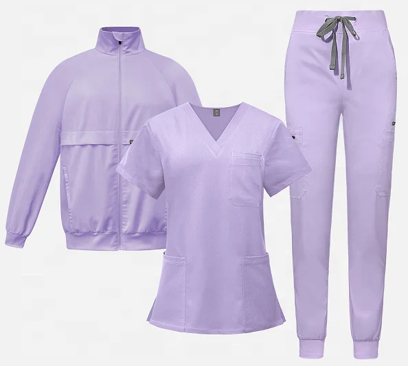 Full Zip up Customized Logo Warm-up Jackets and Nurse Uniform Sets Customized Stretchy Front Zip Nurse Scrub Jacket 3 PCS Sets
