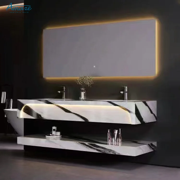 Factory supply modern wall mounted marble sintered stone wash basin smart led mirror makeup bathroom vanity sink supplier