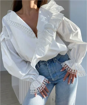 New Arrivals Ruffles Turn-down Collar Ruched Puff Sleeve White Ladies Tops Sexy Deep V Neck Lacework Loose Women Blouses