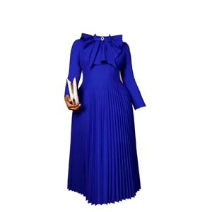 Customize Elegant Fall Stand Collar Bowtie Long Sleeve A-line Pleated Blue Midi Plus Size Empire Waist Zippers Formal Women's