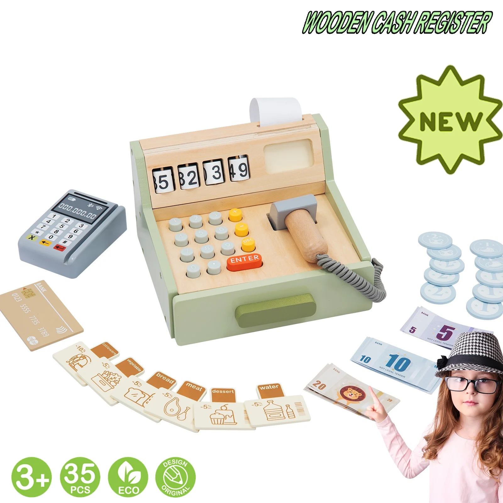 Simulation Pretend Play Cash Calculator Toys Supermarket Wooden Toy Registers for Kids