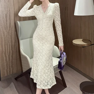 ZYHT 45023 Ladies Elegant Midi Long Dress New White V-neck Sequined Rhinestones Lace Dress for Women Party Dinner Dresses