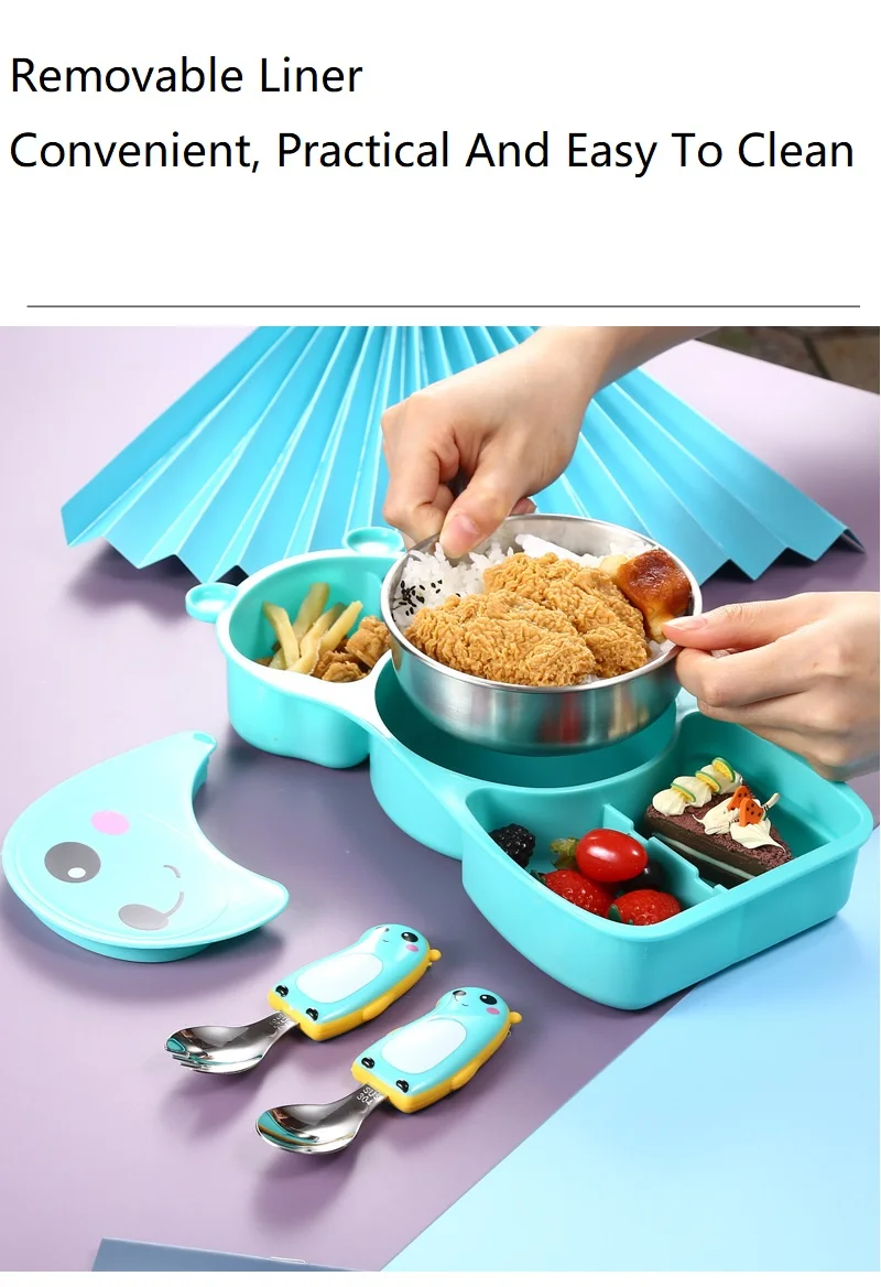 304 children cartoon pig bear dinner plate set stainless steel baby food supplement spoon and fork baby split lunch box