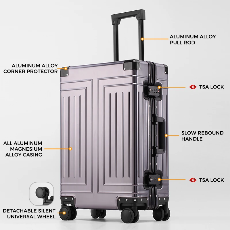 2026 Modern Design Aluminum Luggage Carry on Boarding 20 in Durable Trolley Suitcase TSA Lock Business Metal Travel Case