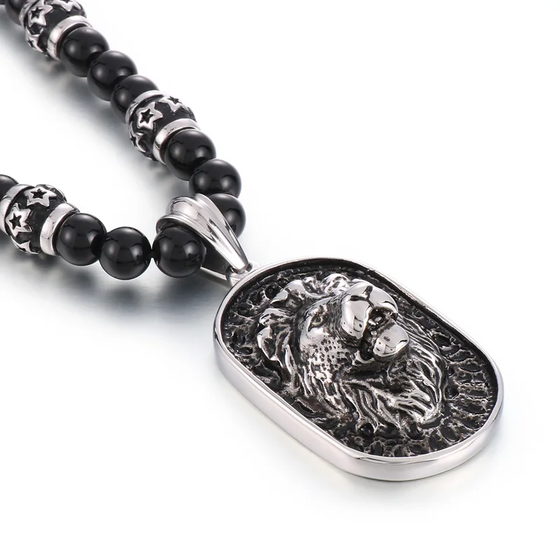 Kalen Domineering Stainless Steel Lion Pendant Men Jewelry 18K Pvd Gold Plated Black Bead Chain Long Necklace Jewelry Necklaces