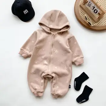Winter New Ins Baby Romper Baby Rompers Velvet Boys and Girls Five-Pointed Star Fleece Outdoor Thickened Print Baby Jumpsuit