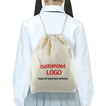 Wholesale stock custom logo recycled black white ivory canvas cotton backpack drawstring bag