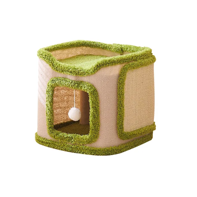 Indoor Cat Bed Cube Pet House With Scratch Pad Large Sustainable Sisal Hideaway Cat Tent Featuring Fluffy Ball