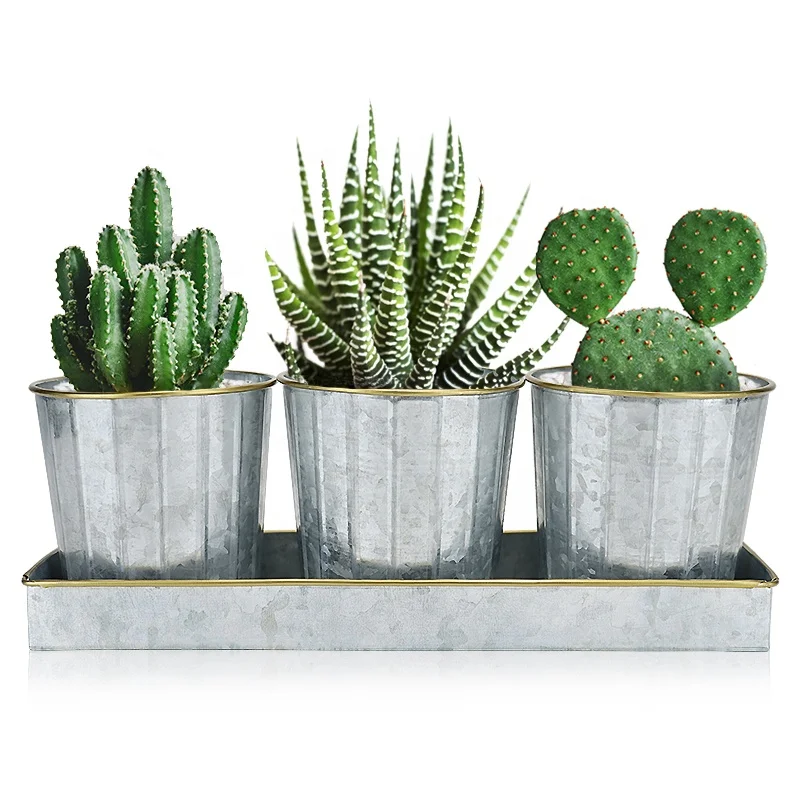 Оцинкованные металлические садовые цветочные горшки и горшки, набор горшков для растений, суккуленты с лотком и отверстиями для слива для помещений и улицы