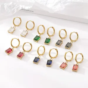 Vintage Luxury Stainless Steel Children's Wedding Gold Plated Square Gemstone Pendant Earrings Hoop Design
