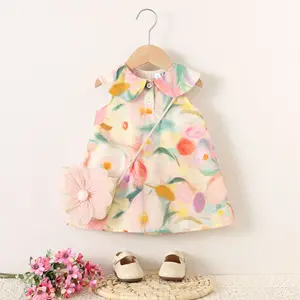 Girls Summer New Dress Floral Pattern Princess Dress Lapel Ruffles Cotton Casual Dresses for Girls