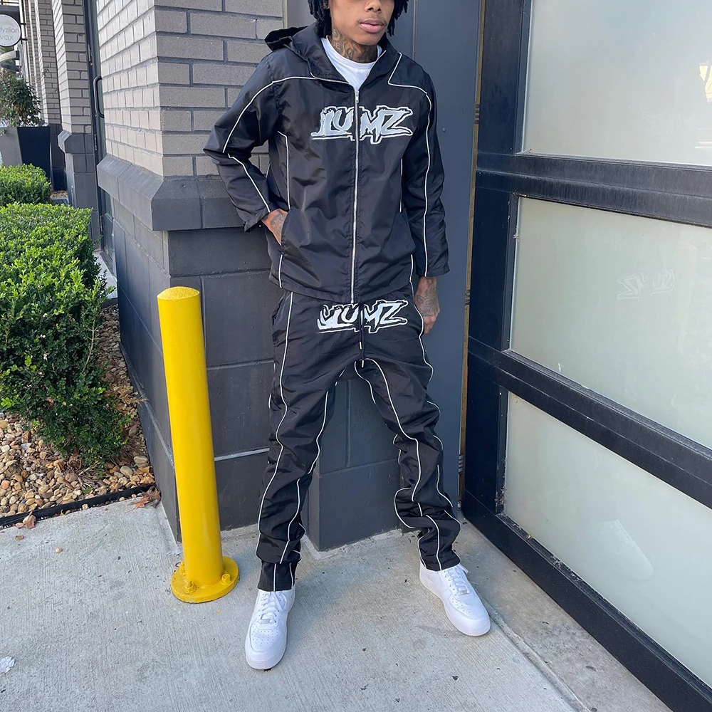 New Custom Logo 3m Reflective Jogging Nylon Nylon Tracksuit Mens  Windbreaker Tracksuit for Men