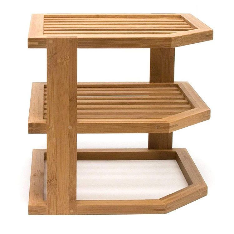 Оптовая продажа 3 яруса из бамбука и дерева тарелки для хранения Организатор угловая полка для кухни