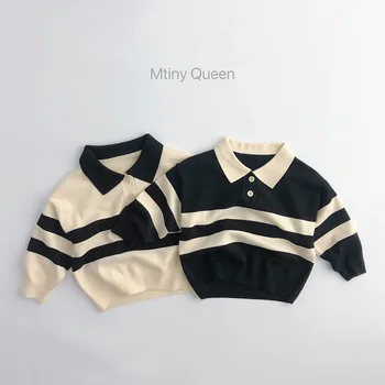 Forest Style Spring and Autumn Children's Sweater Baby Boys and Girls Two-Button Striped Turn-Down Collar Knitwear Casual Tops