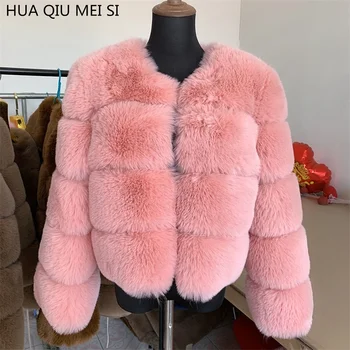 Fashion high quality pink faux fur coats for ladies autumn winter coats 4 large rows fox fur faux fur coat
