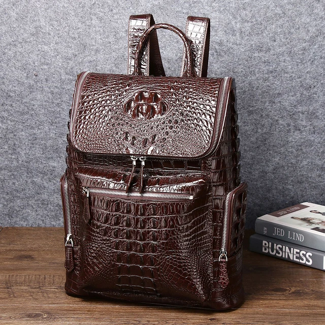 Wholesale Unisex Crocodile Pattern Genuine Cow Leather Backpack Multi-Functional Waterproof Polyester Lining for Students Use