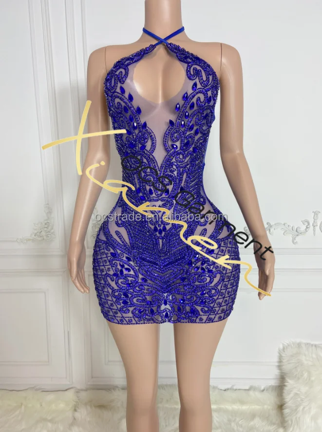 Ocstrade New Design Halter Neck Bodycon Birthday Mini Dress Backless Crystal Gold Rhinestone Mesh Dress for Club Party