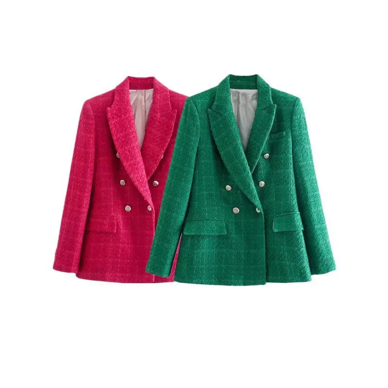 High Quality Elegant Style Solid Color Double Breasted Long Sleeve Notched Collar Casual Tweed Ladies Blazers for Women