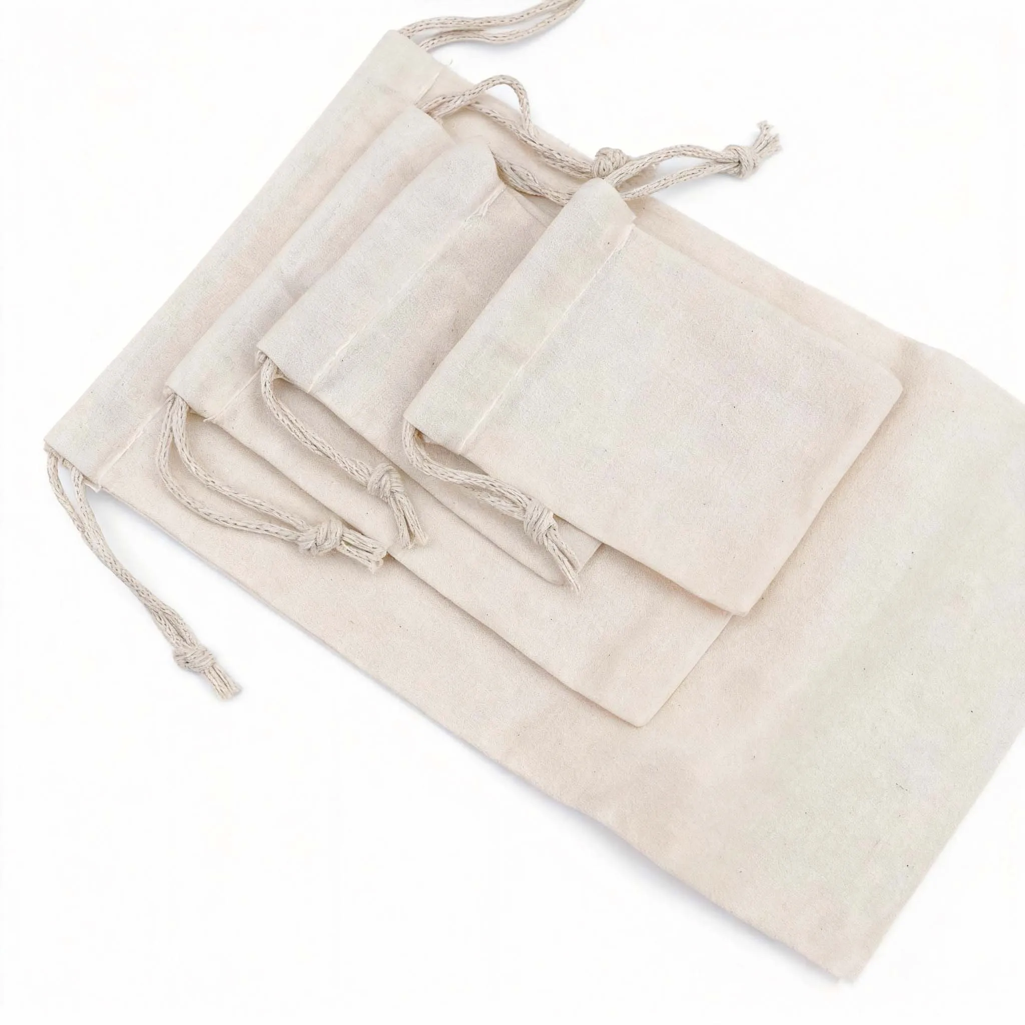 Personalize Customized logo Recycled Natural Canvas Cotton Drawstring Bag Pouch Small Muslin White Cloth Double String Bag