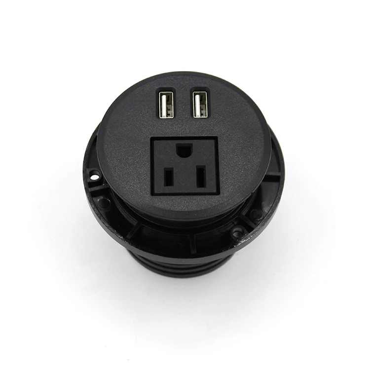 US Round Shape Power Single Outlet Socket With 2 USB Charging Port Black Color With 10ft Cord One 1 Outlets