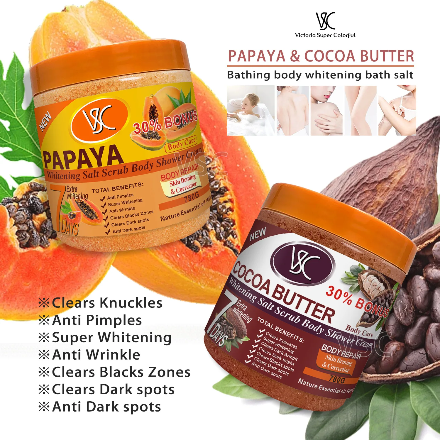 Gommage corporel au sel blanchissant au curcuma, crème de douche, vente en gros, éclaircissant, nettoyant pour le corps et le visage, exfoliant les taches brunes, soin de la peau