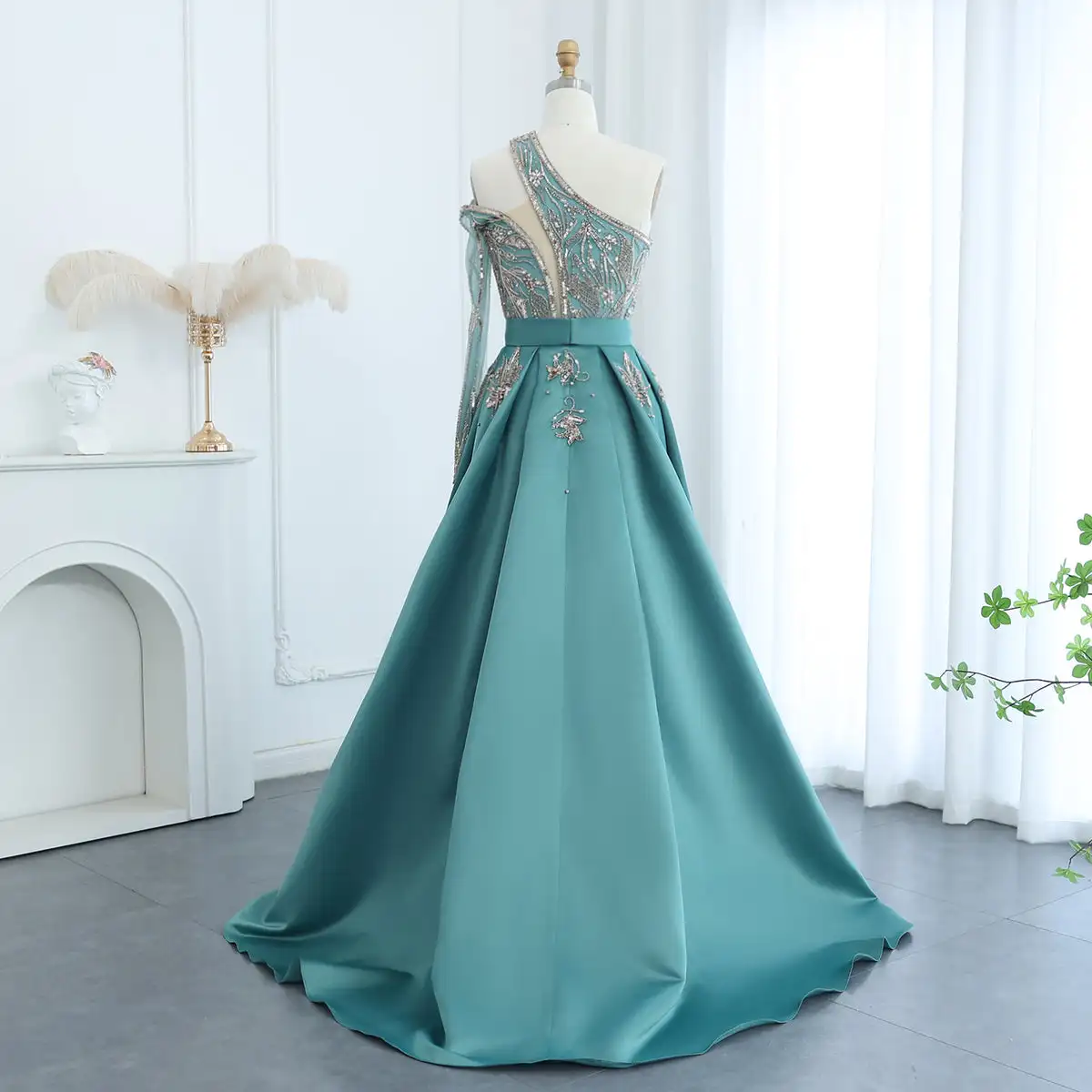 Arabic Luxury Beaded One Shoulder Turquoise Evening Dress