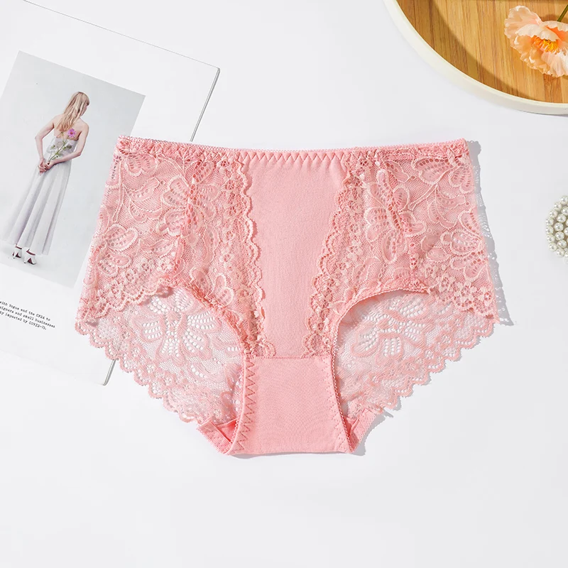 Hot Sale Ladies Lace Underwear Mid Waist Transparent Hollow Out