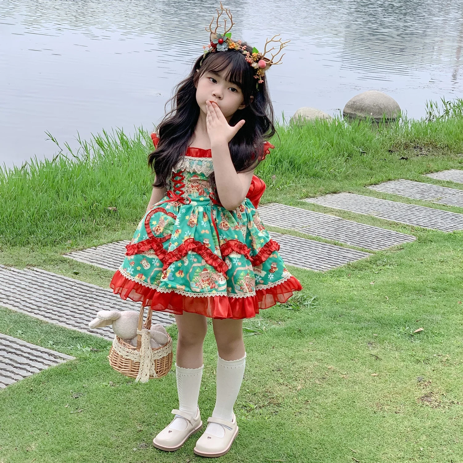 spanish christmas dress Girls Navy Blue Floral Print Dress Spanish Autum Winter Holiday Christmas Dress