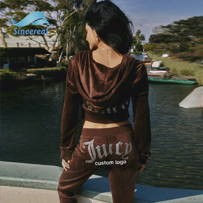 Custom Diamond Rhinestone Logo Casual Velvet Y2k Jogging Suit 2 Piece