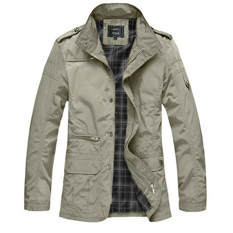 Slim-fit windproof jacket with multiple pockets, stand-up collar, plaid lining, men's casual polyester coat