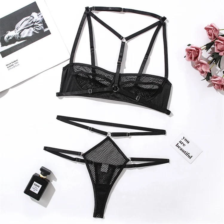 2022 New Lace Sexy Bra Thong Set Lingerie Erotic Underwear Cross Strap Hollow Out Garter Belt