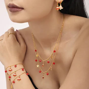 Christmas Multi Layered Necklace Choker Stainless Steel Merry Christmas Pendant Necklace Bracelet Earrings Set for Women Gift