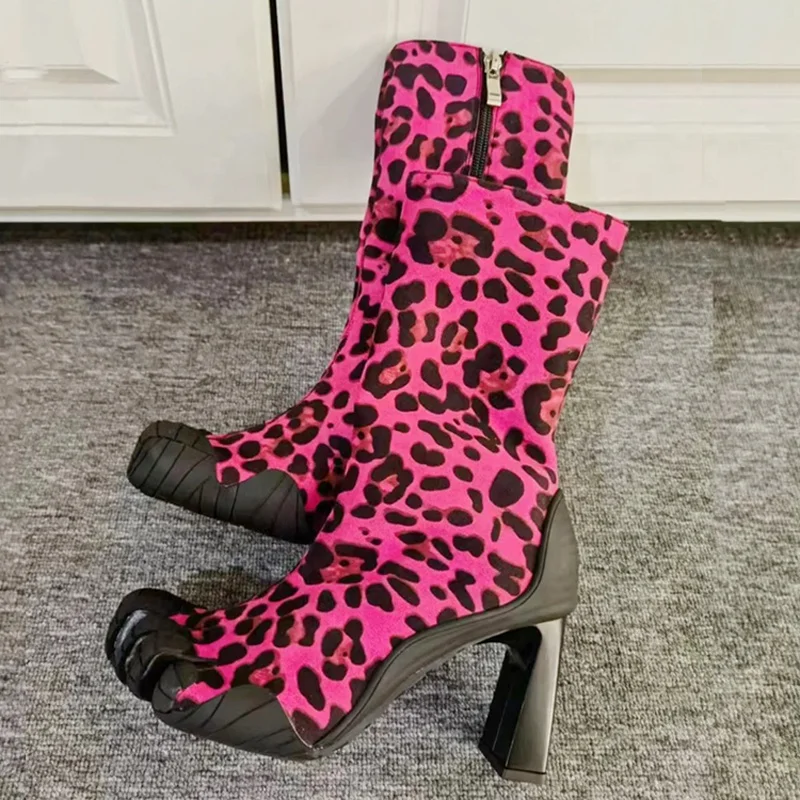 New Leopard Colors Women Five Separated Toe Stretch Sock Ankle Boots Split  Toe Square Heels Knitting Short Booties Shoes